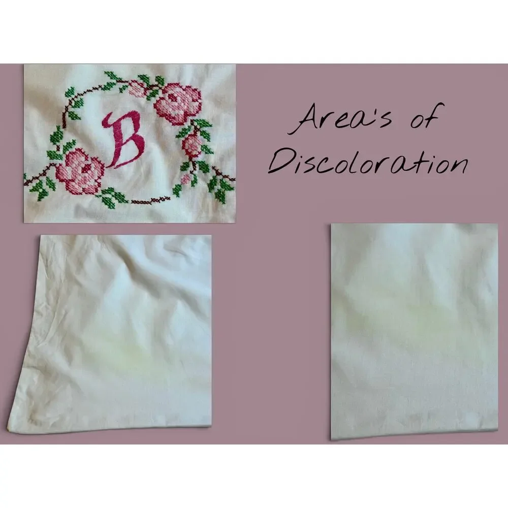 Vintage Embroidered Monogram B Pillowcase-Lace Edge-Cottagecore-Standard White
